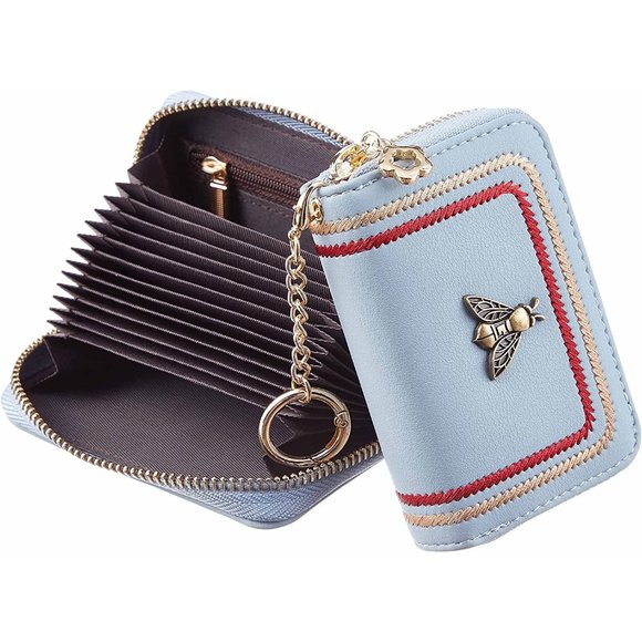 Women Blue Zipper Credit Card Case Holder Key Chain Bee Wallet Coin Pocket - Picture 1 of 6